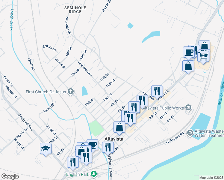 map of restaurants, bars, coffee shops, grocery stores, and more near 1010 Park Street in Altavista