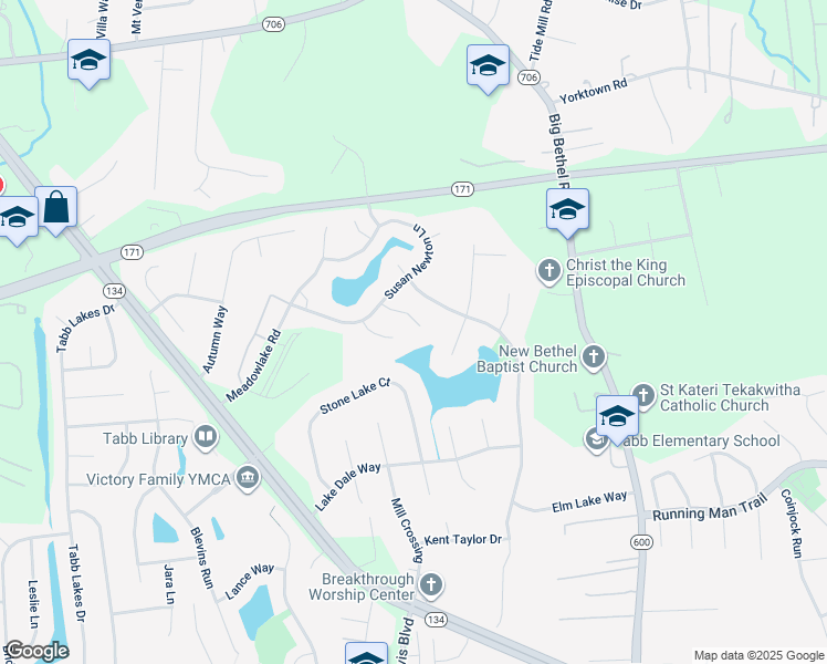 map of restaurants, bars, coffee shops, grocery stores, and more near 110 Wallace Court in Yorktown