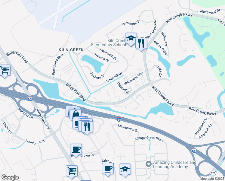 map of restaurants, bars, coffee shops, grocery stores, and more near 837 Masters Trail in Newport News