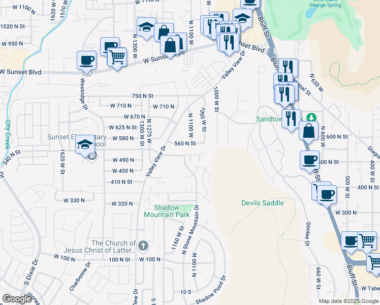 map of restaurants, bars, coffee shops, grocery stores, and more near 1042 West 540 North in St. George