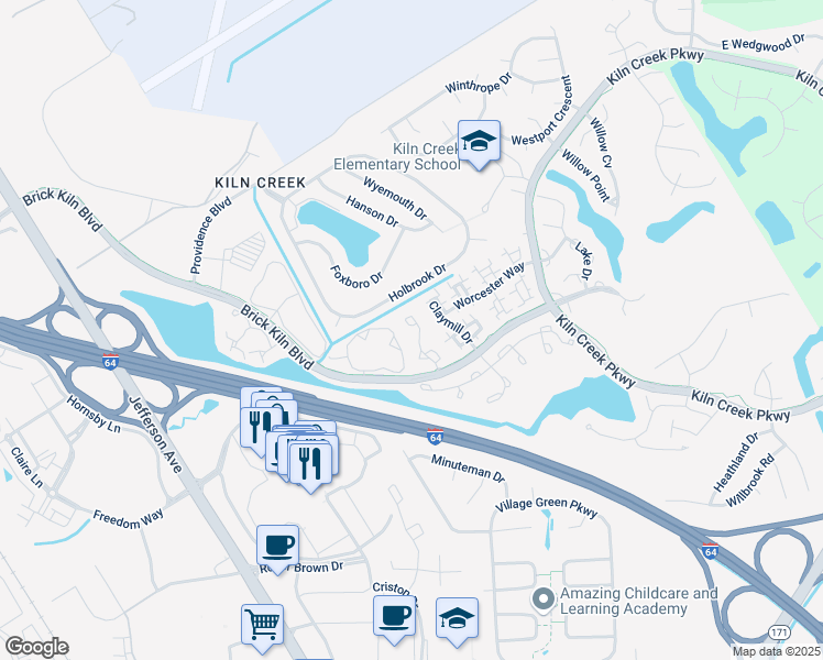 map of restaurants, bars, coffee shops, grocery stores, and more near 837 Masters Trail in Newport News