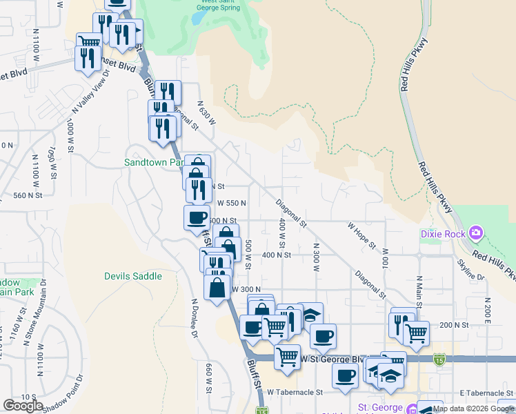 map of restaurants, bars, coffee shops, grocery stores, and more near 546 500 West Street in St. George