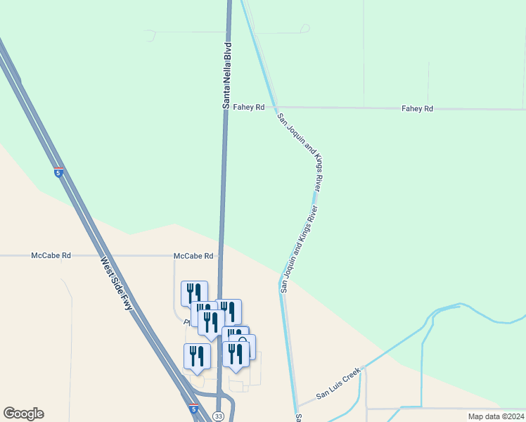 map of restaurants, bars, coffee shops, grocery stores, and more near Santa Nella Boulevard in Merced County