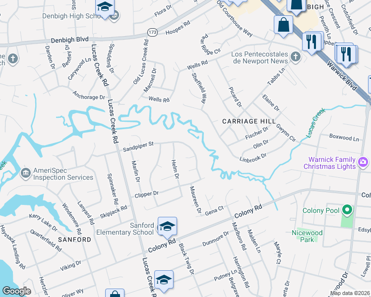 map of restaurants, bars, coffee shops, grocery stores, and more near 140 Sandpiper Street in Newport News