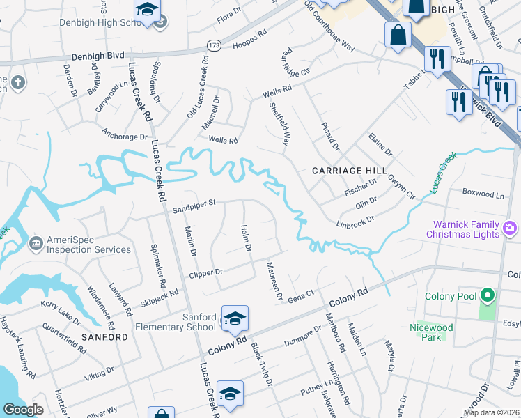 map of restaurants, bars, coffee shops, grocery stores, and more near 140 Sandpiper Street in Newport News