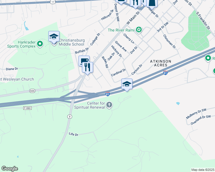 map of restaurants, bars, coffee shops, grocery stores, and more near 355 Auburn Drive in Christiansburg