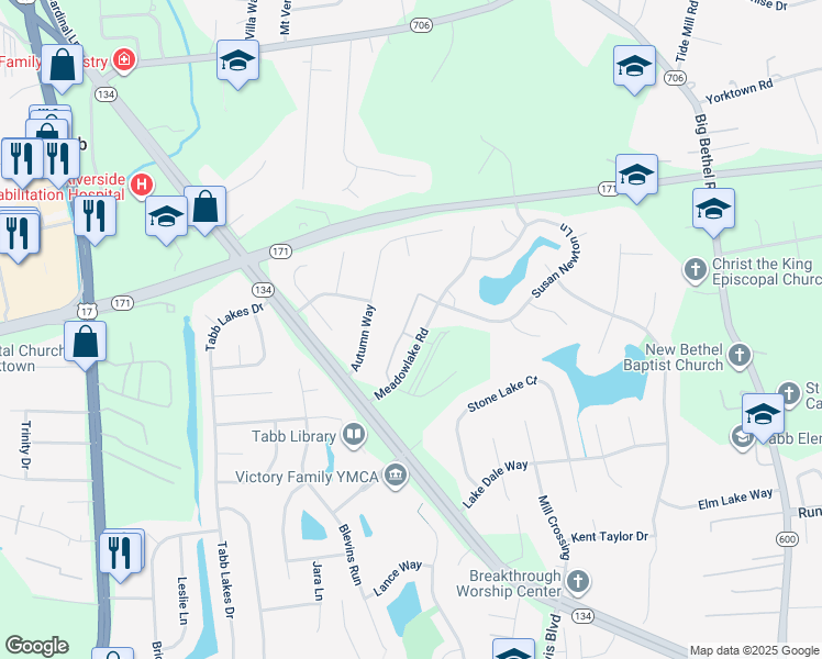 map of restaurants, bars, coffee shops, grocery stores, and more near 108 Heather Way in Yorktown