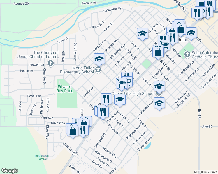 map of restaurants, bars, coffee shops, grocery stores, and more near 230 North 12th Street in Chowchilla