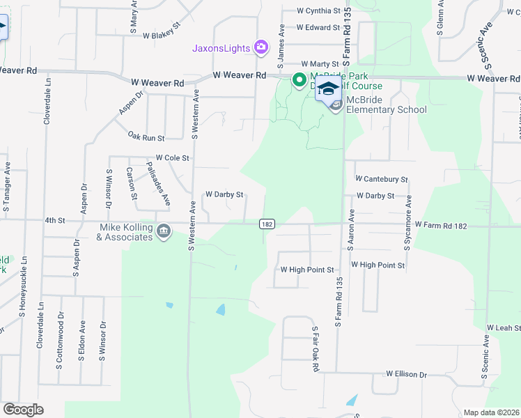 map of restaurants, bars, coffee shops, grocery stores, and more near 5369 South James Avenue in Greene County