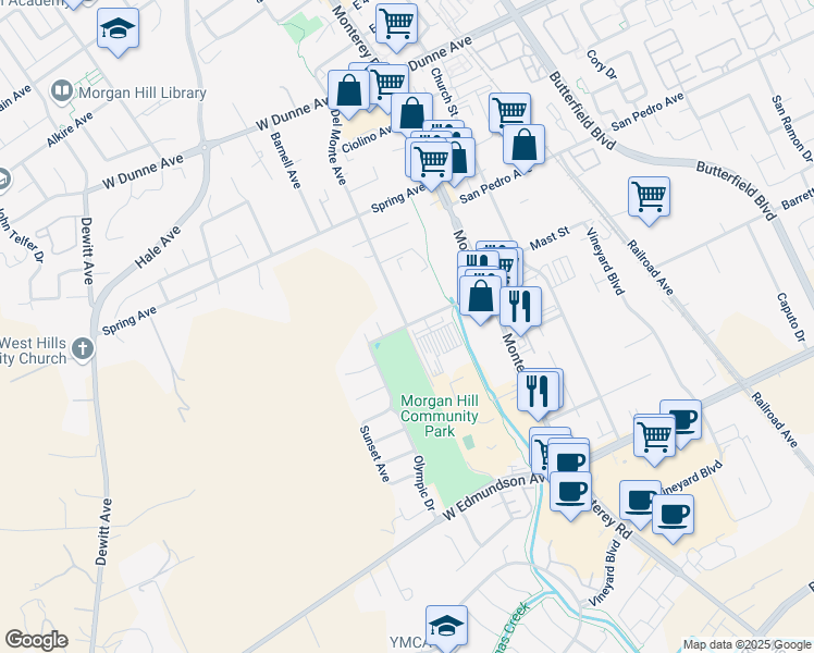 map of restaurants, bars, coffee shops, grocery stores, and more near Del Monte Ave & Cosmo Ave in Morgan Hill