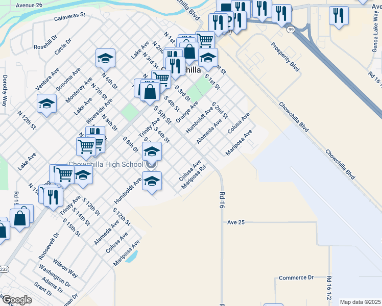 map of restaurants, bars, coffee shops, grocery stores, and more near 511 Alameda Avenue in Chowchilla