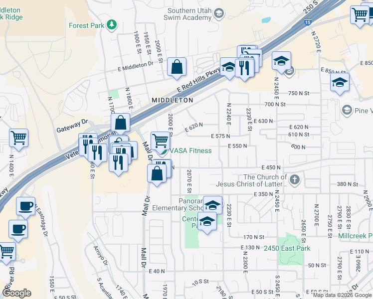 map of restaurants, bars, coffee shops, grocery stores, and more near 525 North 2070 East in St. George