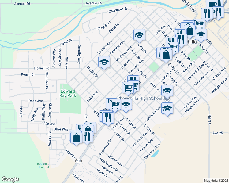map of restaurants, bars, coffee shops, grocery stores, and more near 230 North 12th Street in Chowchilla