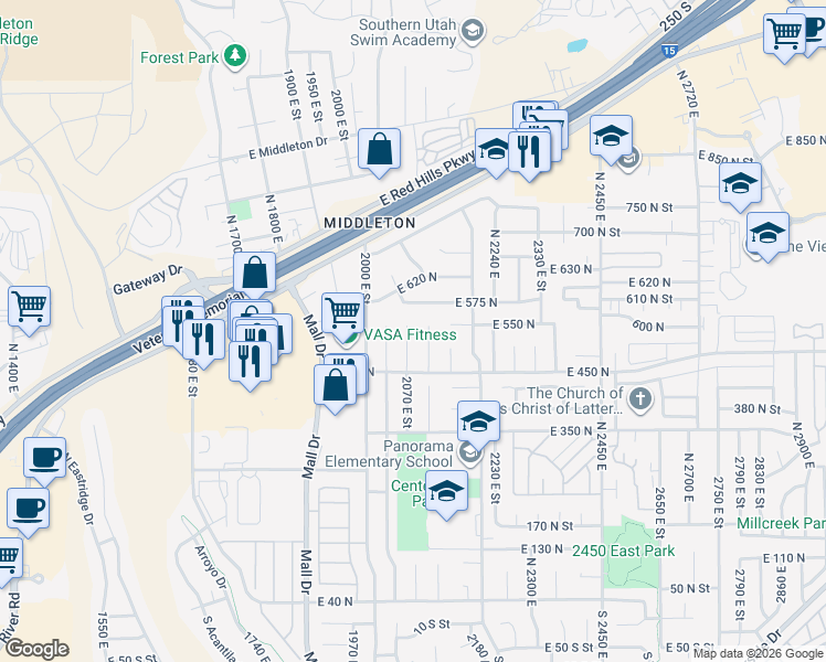 map of restaurants, bars, coffee shops, grocery stores, and more near 525 North 2070 East in St. George