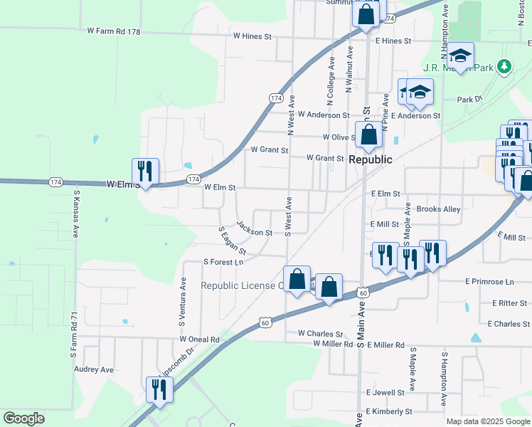 map of restaurants, bars, coffee shops, grocery stores, and more near 400-446 West Mill Street in Republic