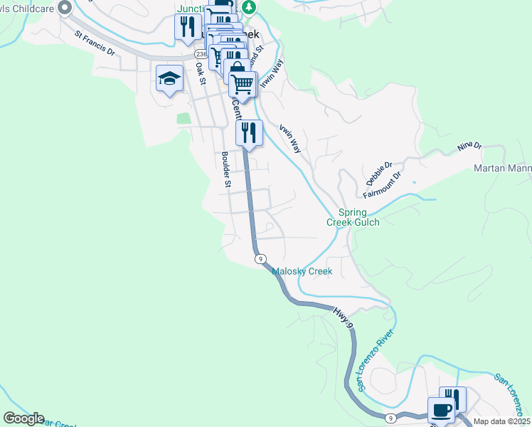 map of restaurants, bars, coffee shops, grocery stores, and more near 12611 Lorenzo Avenue in Boulder Creek