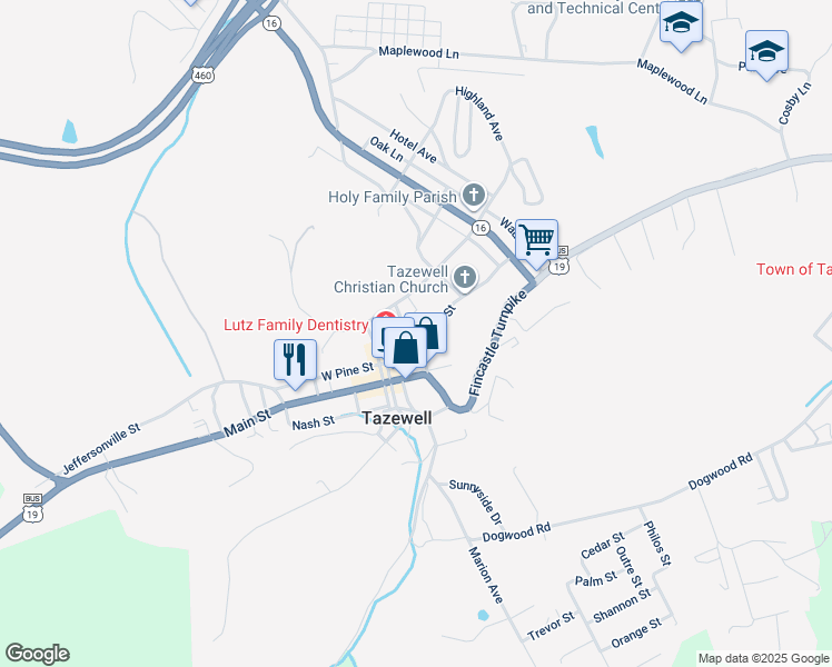 map of restaurants, bars, coffee shops, grocery stores, and more near 214 Church Street in Tazewell