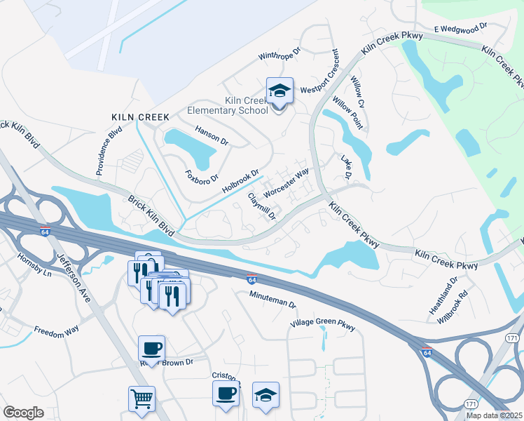map of restaurants, bars, coffee shops, grocery stores, and more near 2249 New Kent Court in Newport News