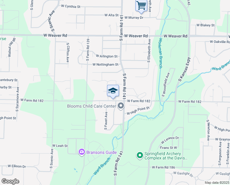 map of restaurants, bars, coffee shops, grocery stores, and more near 2219 West Farm Road 182 in Springfield