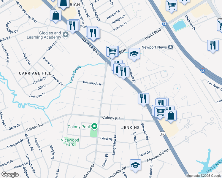 map of restaurants, bars, coffee shops, grocery stores, and more near 439 Dora Drive in Newport News