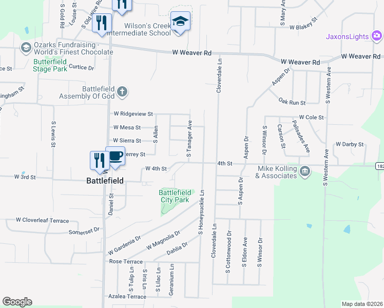 map of restaurants, bars, coffee shops, grocery stores, and more near 5342 South Tanager Avenue in Battlefield