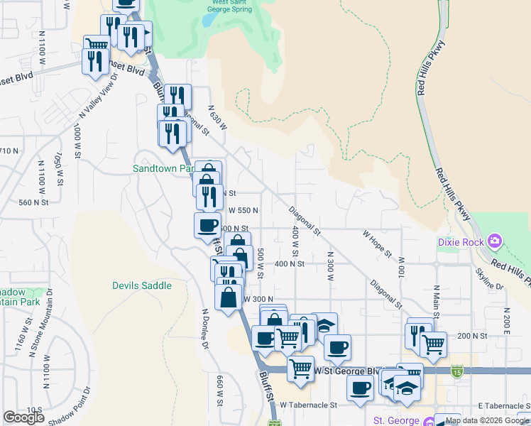 map of restaurants, bars, coffee shops, grocery stores, and more near 546 500 West Street in St. George