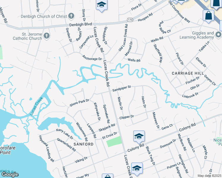 map of restaurants, bars, coffee shops, grocery stores, and more near 530 Lucas Creek Road in Newport News