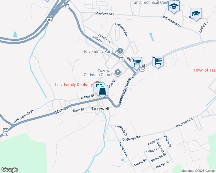 map of restaurants, bars, coffee shops, grocery stores, and more near 214 Church Street in Tazewell