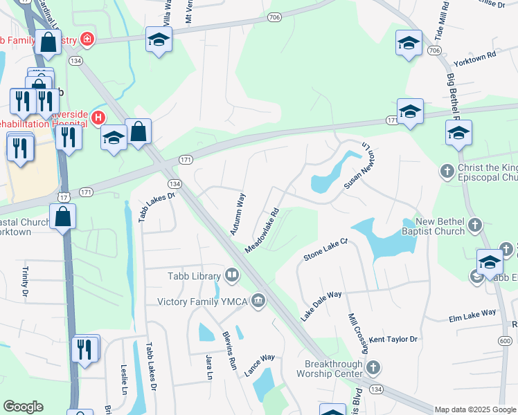 map of restaurants, bars, coffee shops, grocery stores, and more near 109 Heather Way in Yorktown