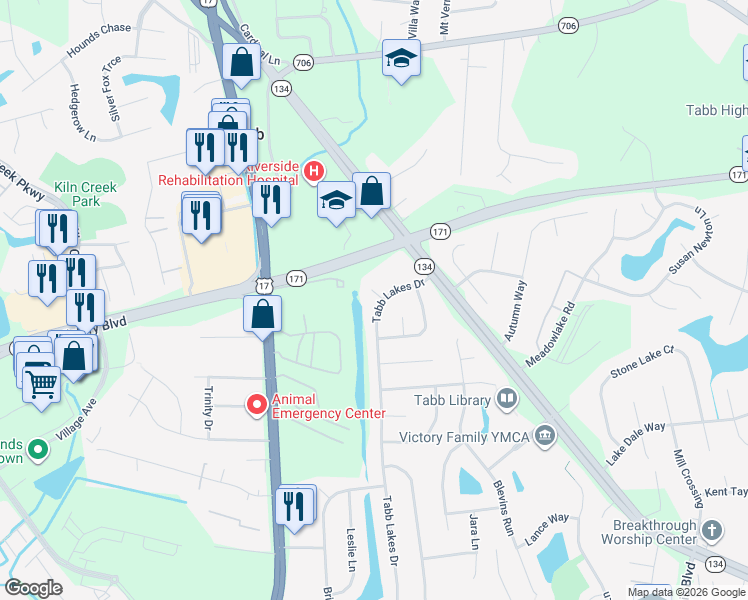 map of restaurants, bars, coffee shops, grocery stores, and more near 300 Tabb Lakes Drive in Yorktown