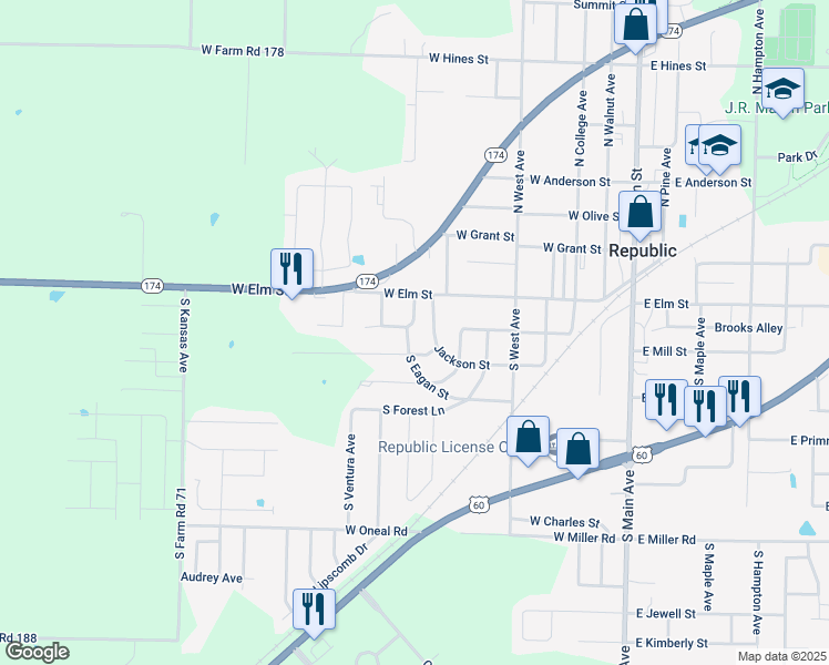 map of restaurants, bars, coffee shops, grocery stores, and more near 204 South Eagan Street in Republic