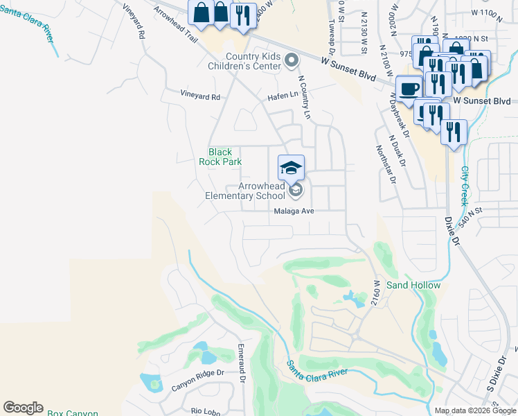 map of restaurants, bars, coffee shops, grocery stores, and more near 2418 Malaga Avenue in Santa Clara