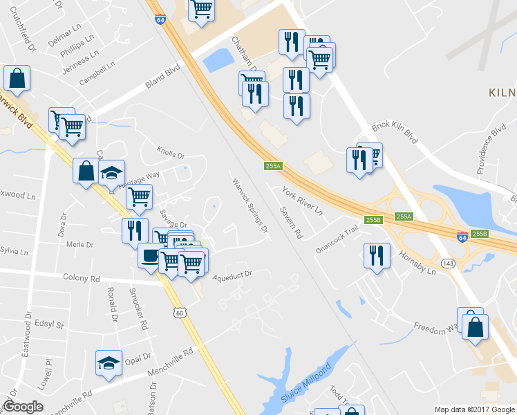 map of restaurants, bars, coffee shops, grocery stores, and more near 13350 Warwick Springs Drive in Newport News