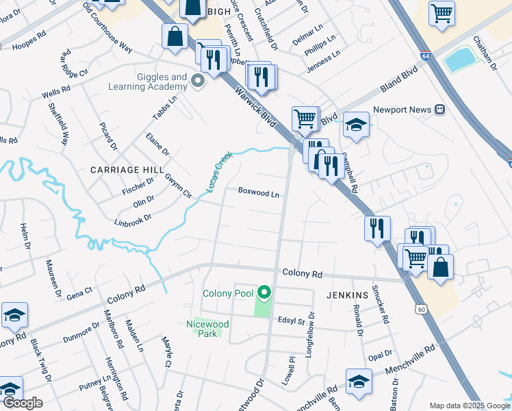 map of restaurants, bars, coffee shops, grocery stores, and more near 14 Rosewood Lane in Newport News