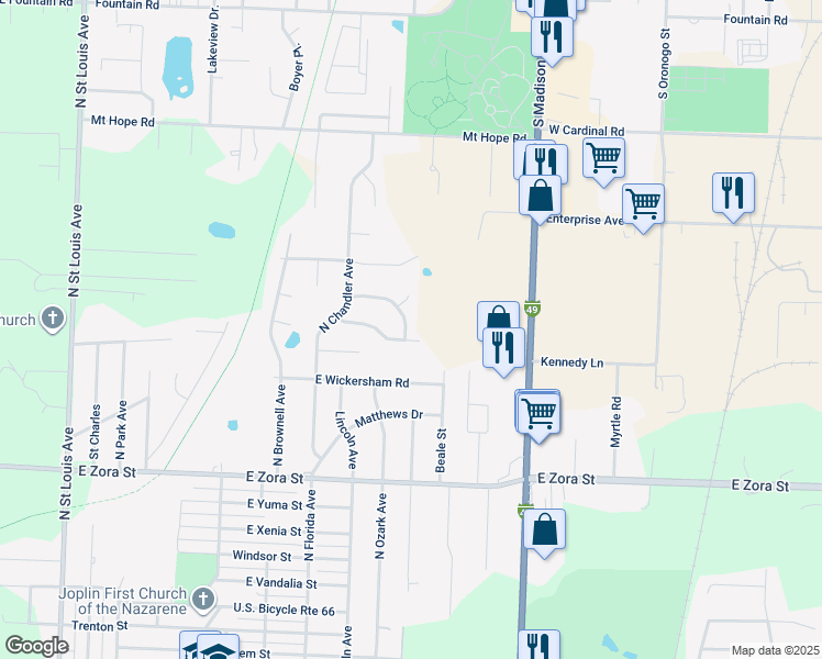 map of restaurants, bars, coffee shops, grocery stores, and more near 3109 North Miller Avenue in Joplin