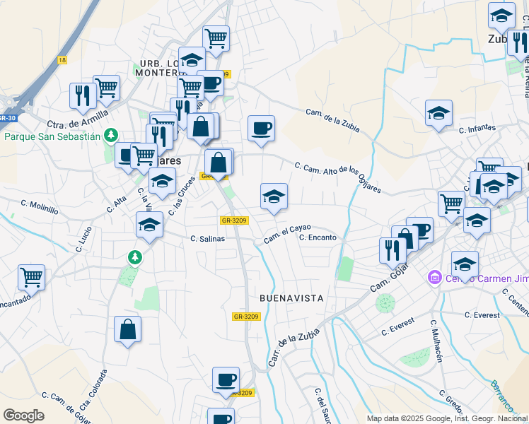 map of restaurants, bars, coffee shops, grocery stores, and more near 21 Calle Río Dílar in Ogíjares