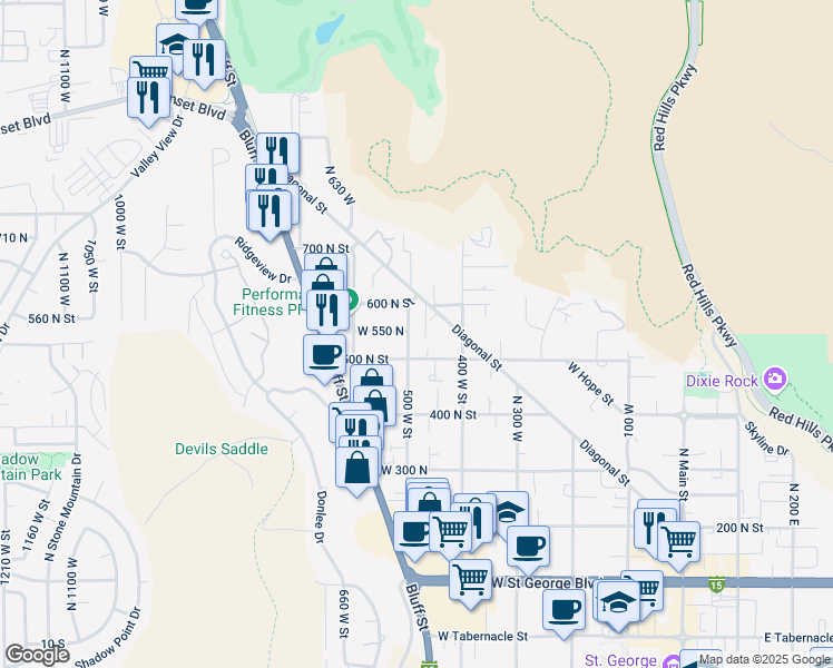 map of restaurants, bars, coffee shops, grocery stores, and more near 546 500 West Street in St. George