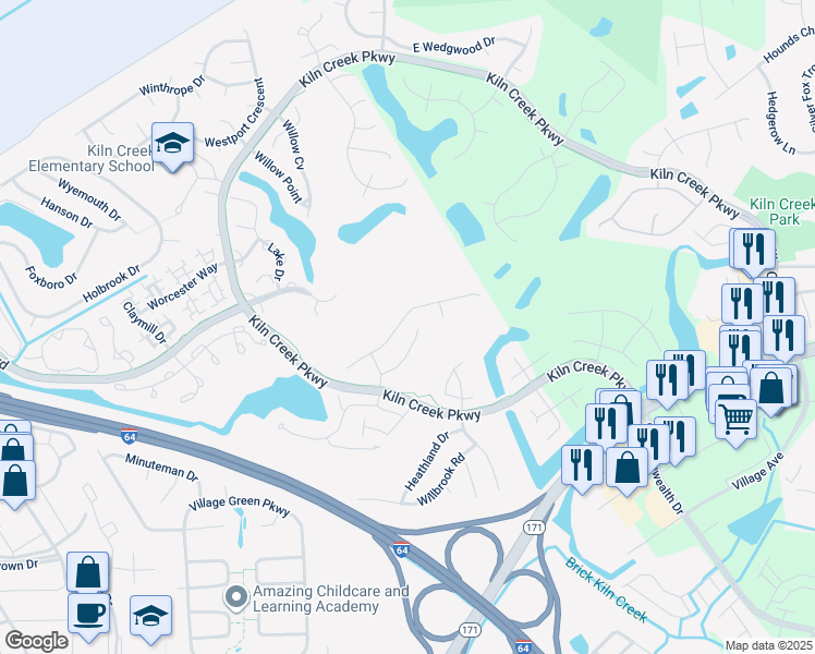map of restaurants, bars, coffee shops, grocery stores, and more near 950 Drivers Lane in Newport News