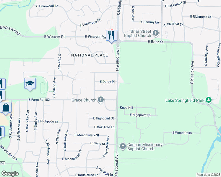 map of restaurants, bars, coffee shops, grocery stores, and more near 1135 East Westchester Drive in Springfield