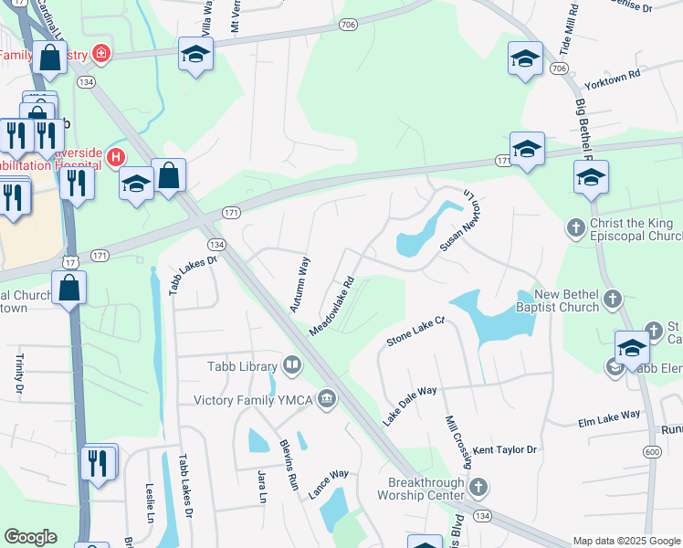 map of restaurants, bars, coffee shops, grocery stores, and more near 108 Heather Way in Yorktown