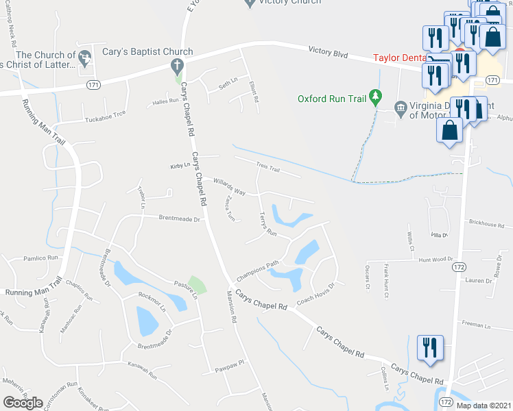 map of restaurants, bars, coffee shops, grocery stores, and more near 211 Terrys Run in Yorktown