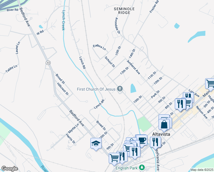map of restaurants, bars, coffee shops, grocery stores, and more near 13th Street in Altavista