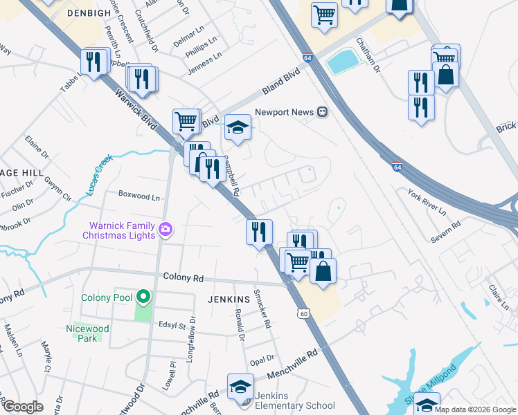 map of restaurants, bars, coffee shops, grocery stores, and more near 408 Britnie Court in Newport News