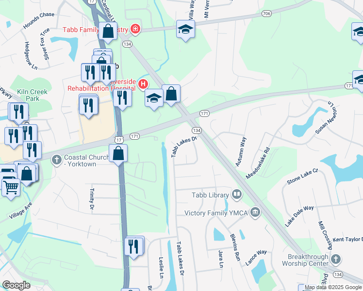 map of restaurants, bars, coffee shops, grocery stores, and more near 207 Tabb Lakes Drive in Yorktown