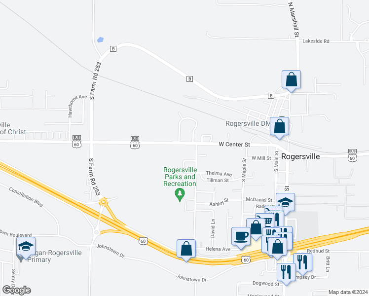 map of restaurants, bars, coffee shops, grocery stores, and more near 305 West Center Street in Rogersville