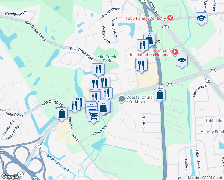 map of restaurants, bars, coffee shops, grocery stores, and more near 108 Swanson Court in Yorktown