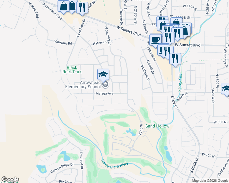 map of restaurants, bars, coffee shops, grocery stores, and more near 2286 Malaga Avenue in Santa Clara