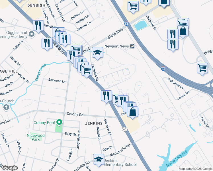 map of restaurants, bars, coffee shops, grocery stores, and more near 410 Britnie Court in Newport News