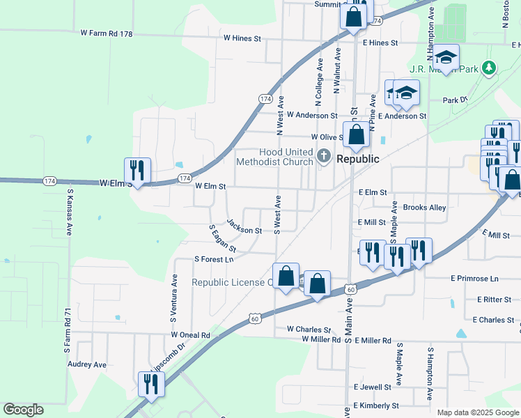 map of restaurants, bars, coffee shops, grocery stores, and more near 446 West Mill Street in Republic