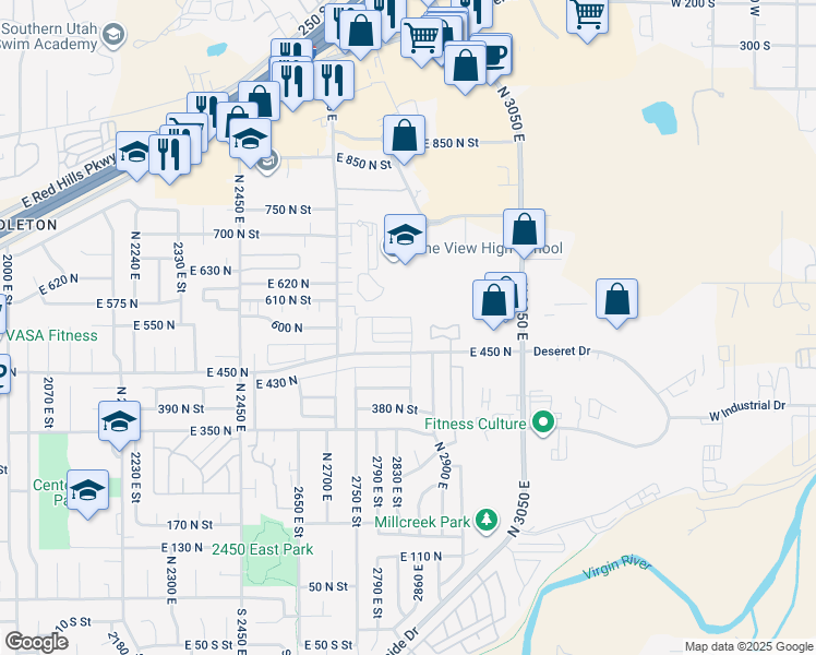 map of restaurants, bars, coffee shops, grocery stores, and more near 2929 East 450 North in St. George